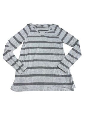 Cabi Women's Striped V-Neck LS Top Gray & White Casual Lightweight Tee Size M